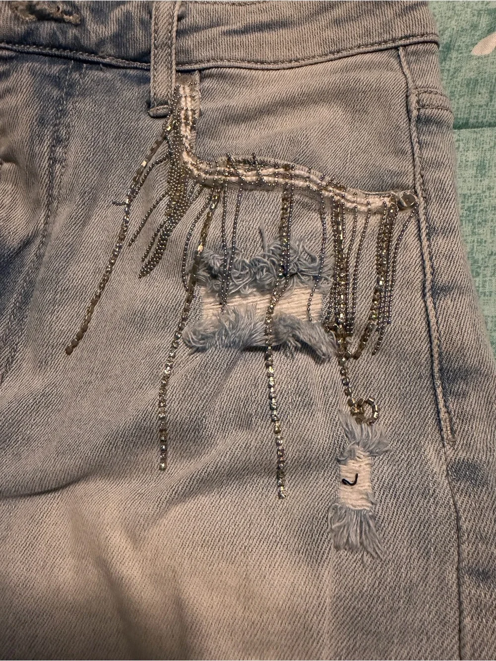 Large Distressed Light Blue Denim Jean Shorts w/ Beaded Fringe. MUST BE BUNDLED